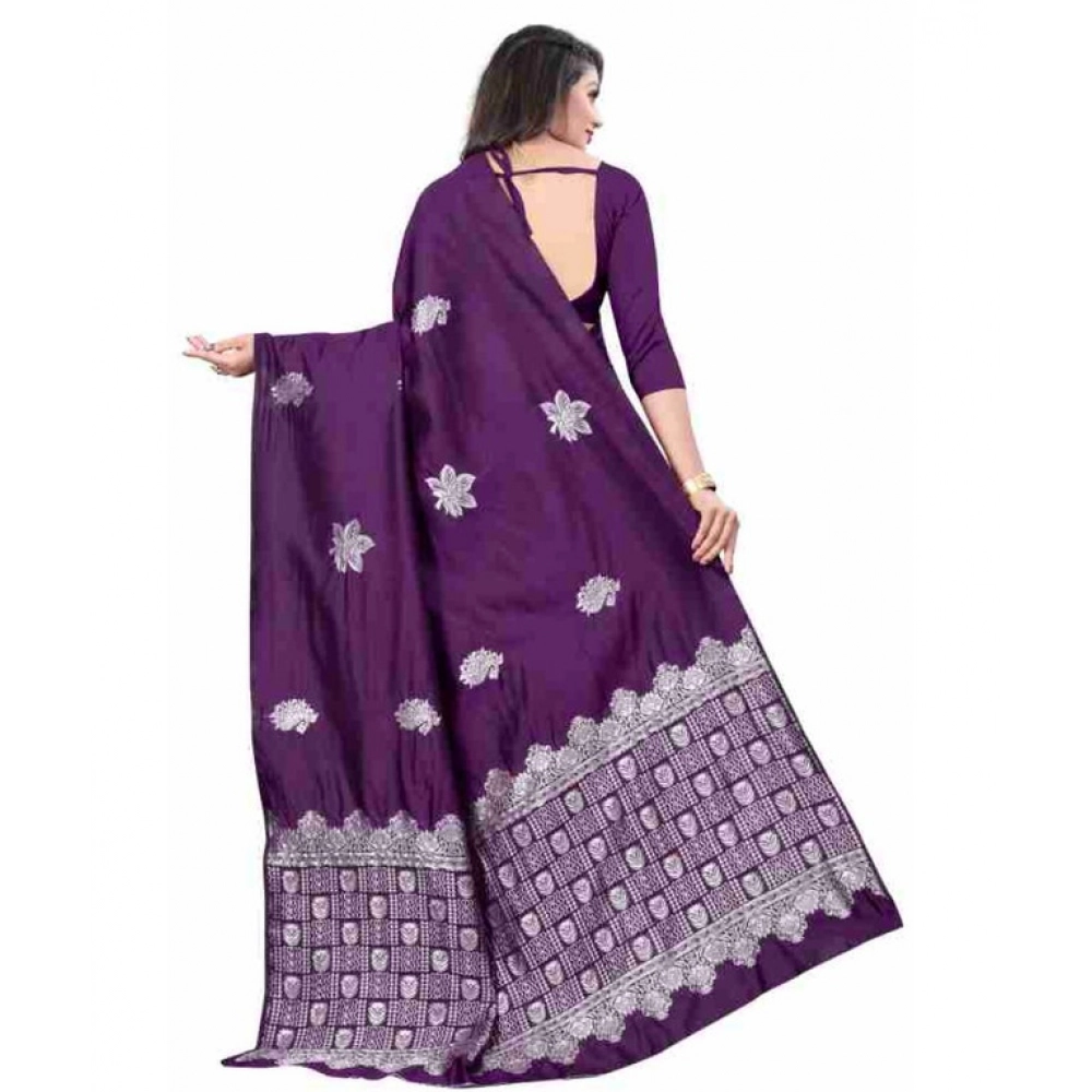 Generic Women's Soft Lichi Silk Printed Saree With Unstitched Blouse 5.5Mtr (Purple) - Image 2