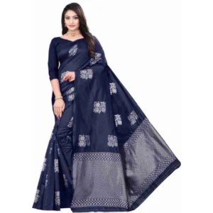 Generic Women's Soft Lichi Silk Printed Saree With Unstitched Blouse 5.5Mtr (Blue)