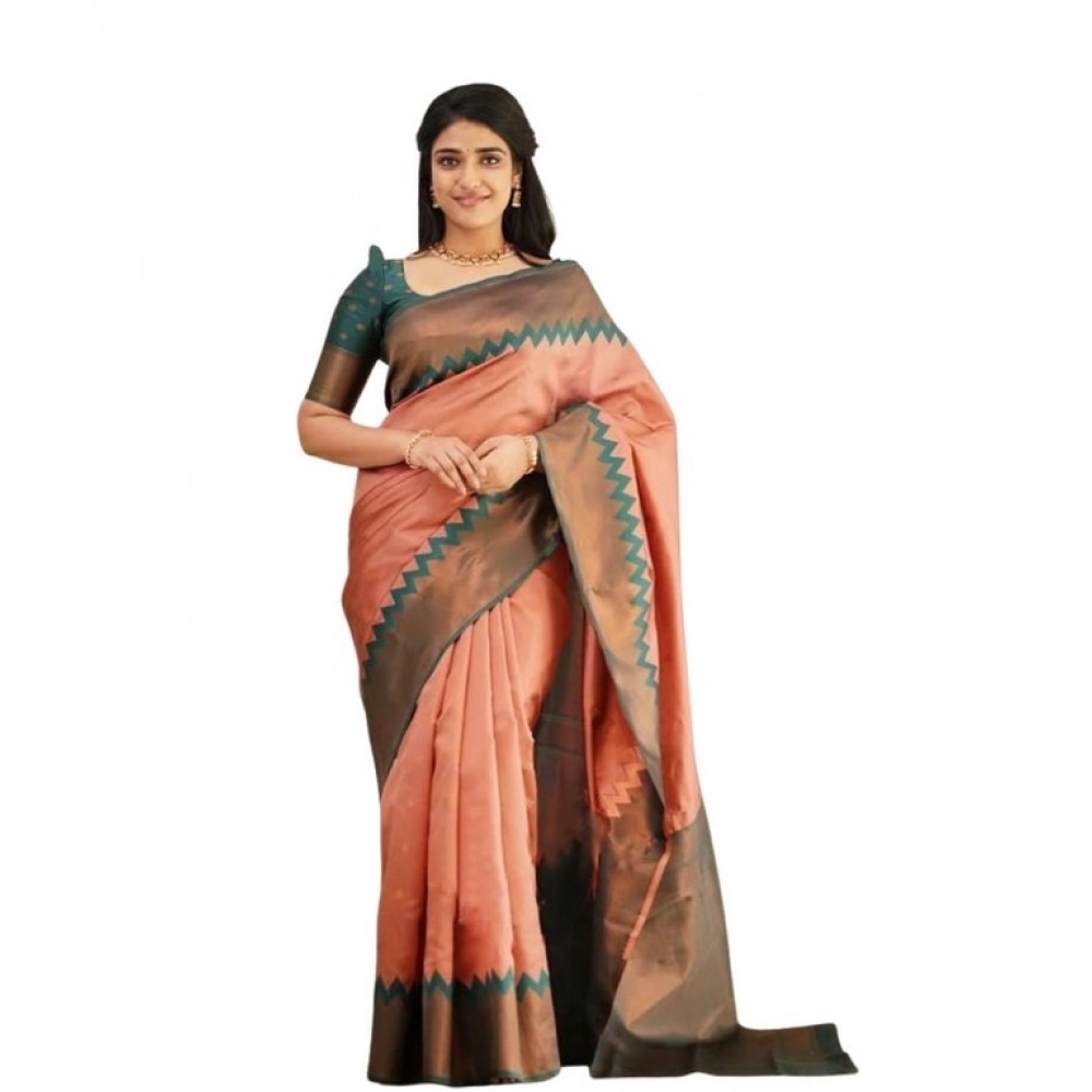 Generic Women's Soft Lichi Silk Printed Saree With Unstitched Blouse 5.5Mtr (Peach)