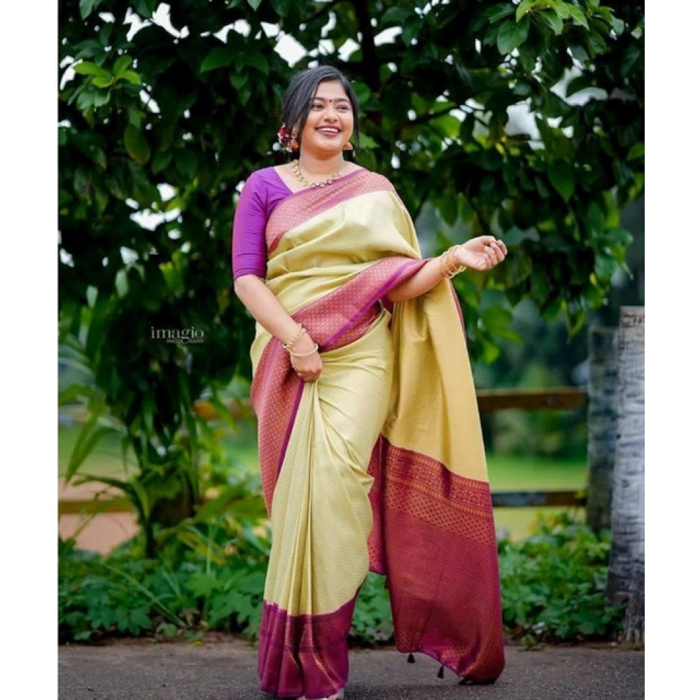 Generic Women's Soft Lichi Silk Printed Saree With Unstitched Blouse 5.5Mtr (Light-Green) - Image 2