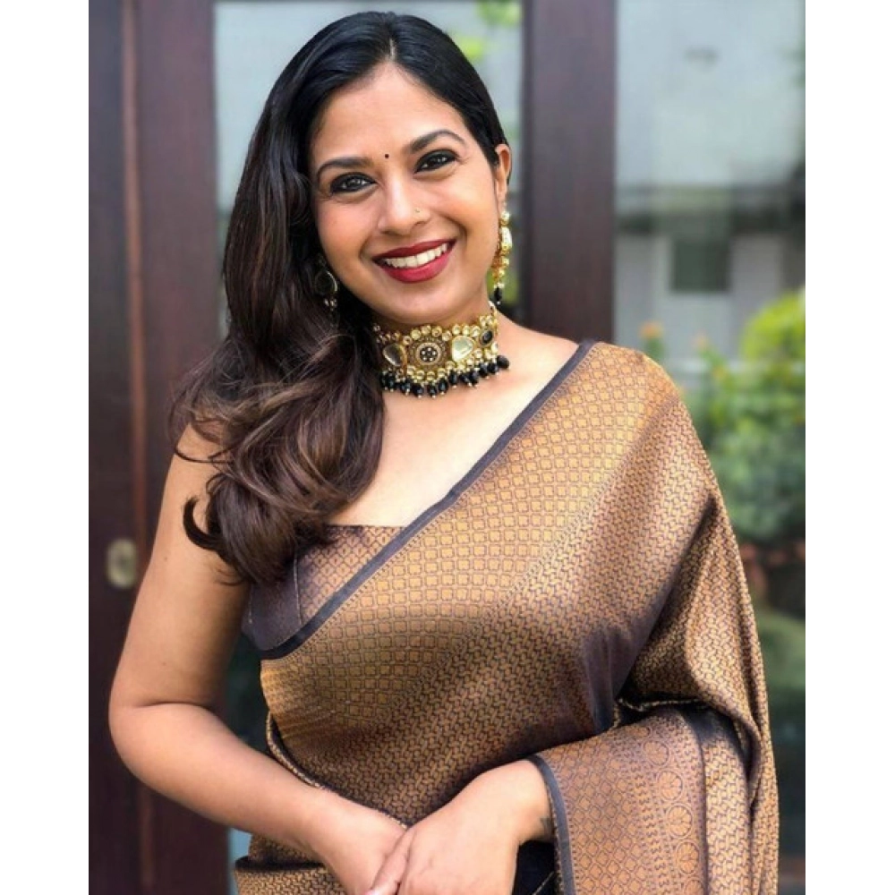 Generic Women's Soft Lichi Silk Printed Saree With Unstitched Blouse 5.5Mtr (Black-Gold) - Image 2