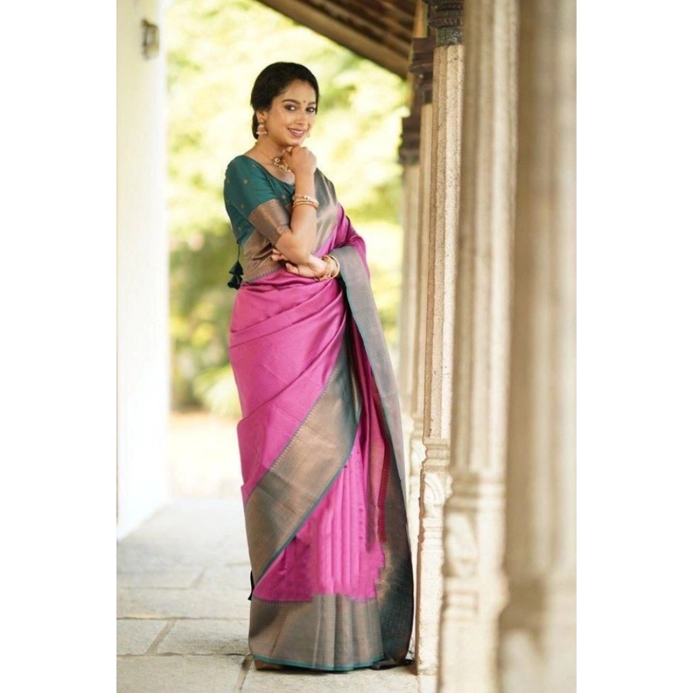 Generic Women's Soft Lichi Silk Printed Saree With Unstitched Blouse 5.5Mtr (Pink) - Image 2