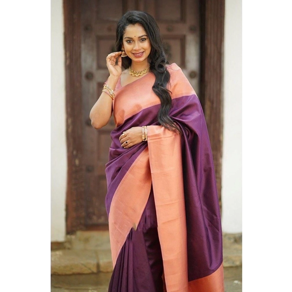 Generic Women's Soft Lichi Silk Printed Saree With Unstitched Blouse 5.5Mtr (Purple) - Image 2