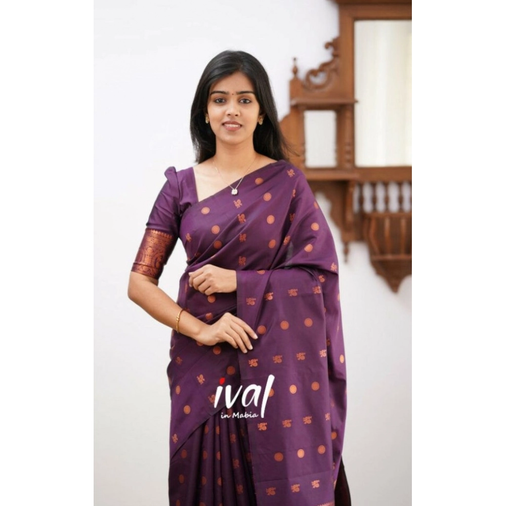 Generic Women's Soft Lichi Silk Printed Saree With Unstitched Blouse 5.5Mtr (Purple) - Image 2