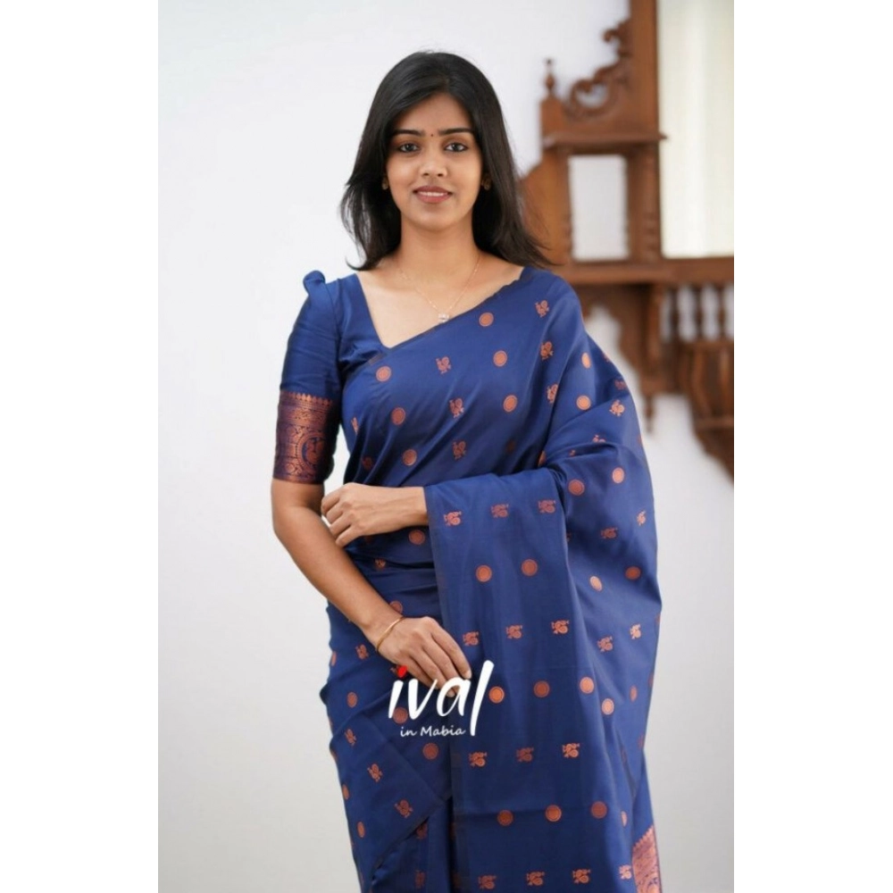Generic Women's Soft Lichi Silk Printed Saree With Unstitched Blouse 5.5Mtr (Blue) - Image 2