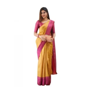 Generic Women's Soft Lichi Silk Printed Saree With Unstitched Blouse 5.5Mtr (Mustard )