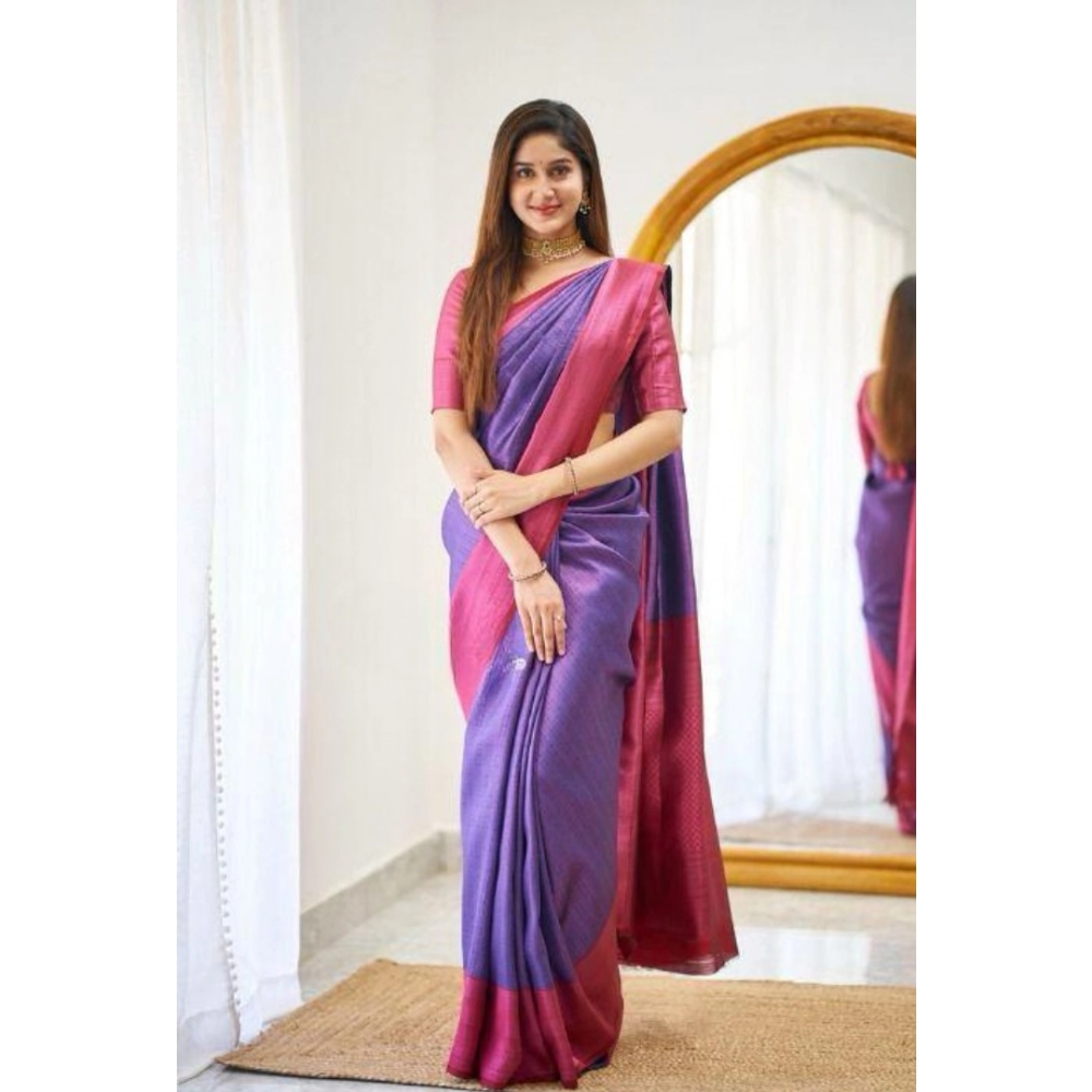 Generic Women's Soft Lichi Silk Printed Saree With Unstitched Blouse 5.5Mtr (Purple) - Image 2