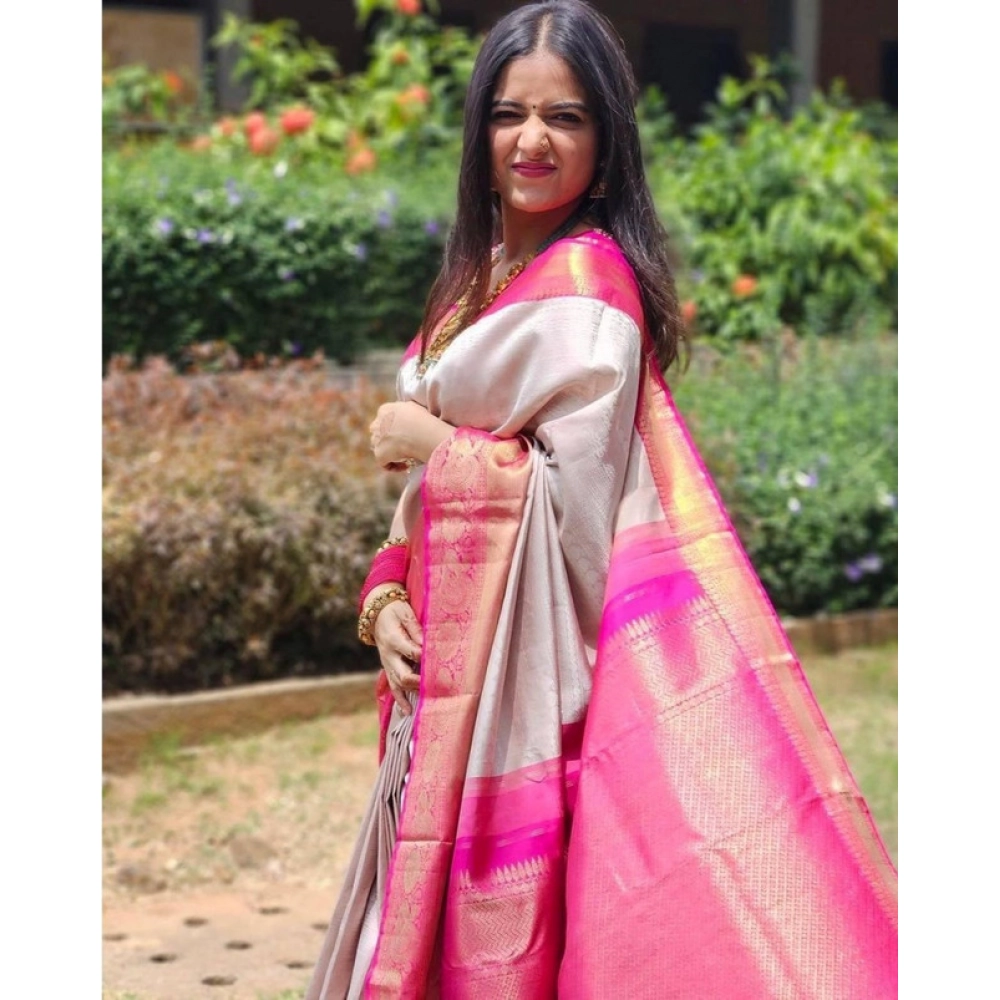 Generic Women's Soft Lichi Silk Printed Saree With Unstitched Blouse 5.5Mtr (Grey) - Image 2