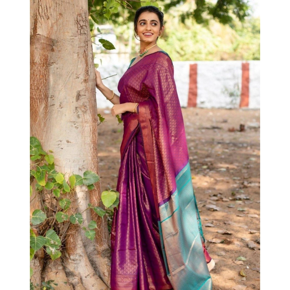 Generic Women's Soft Lichi Silk Printed Saree With Unstitched Blouse 5.5Mtr (Purple) - Image 2