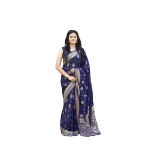 Generic Women's Soft Lichi Silk Printed Saree With Unstitched Blouse 5.5Mtr (Navy Blue)