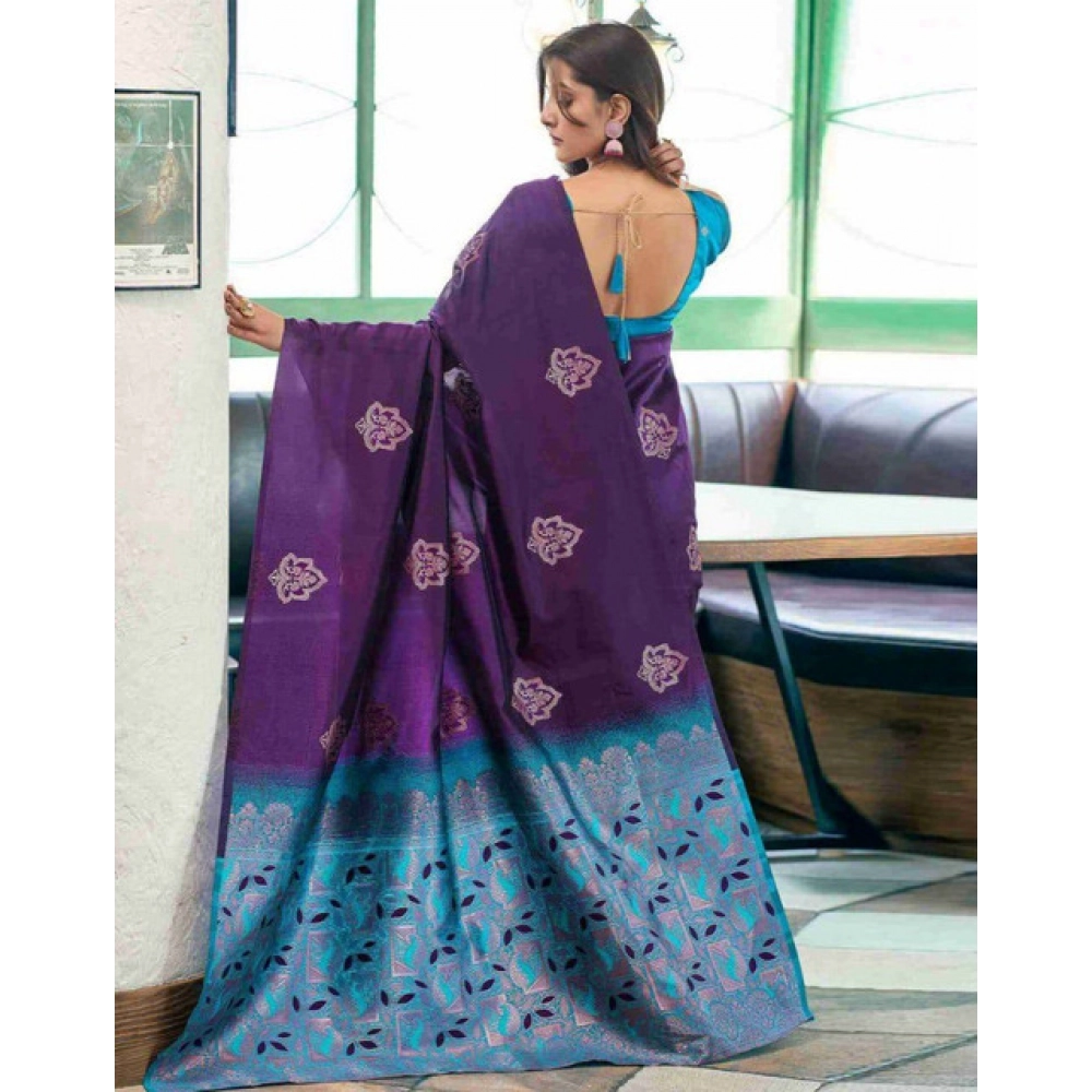 Generic Women's Soft Lichi Silk Printed Saree With Unstitched Blouse 5.5Mtr (Blue) - Image 2