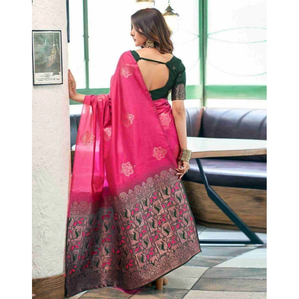 Generic Women's Soft Lichi Silk Printed Saree With Unstitched Blouse 5.5Mtr (Pink) - Image 2