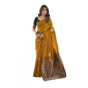Generic Women's Soft Lichi Silk Printed Saree With Unstitched Blouse 5.5Mtr (Mustard )