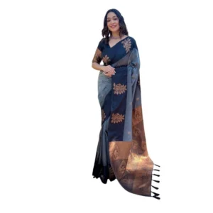 Generic Women's Soft Lichi Silk Printed Saree With Unstitched Blouse 5.5Mtr (Grey)