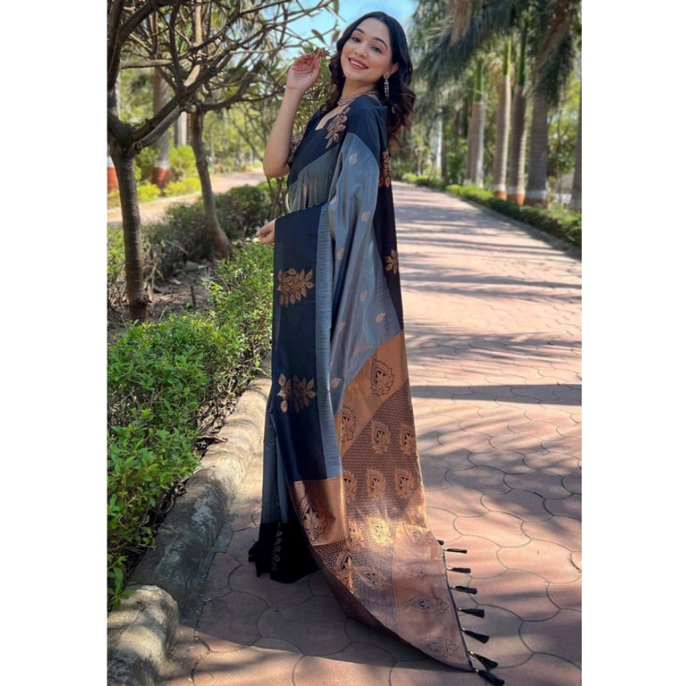 Generic Women's Soft Lichi Silk Printed Saree With Unstitched Blouse 5.5Mtr (Grey) - Image 2