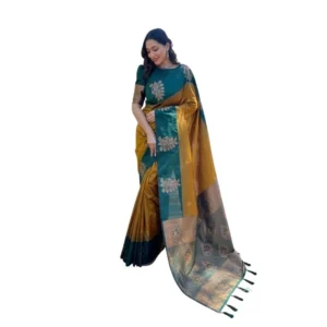 Generic Women's Soft Lichi Silk Printed Saree With Unstitched Blouse 5.5Mtr (Mustard )