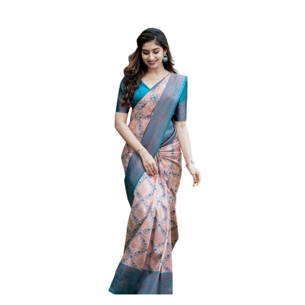 Generic Women's Soft Lichi Silk Printed Saree With Unstitched Blouse 5.5Mtr (Multicolor)