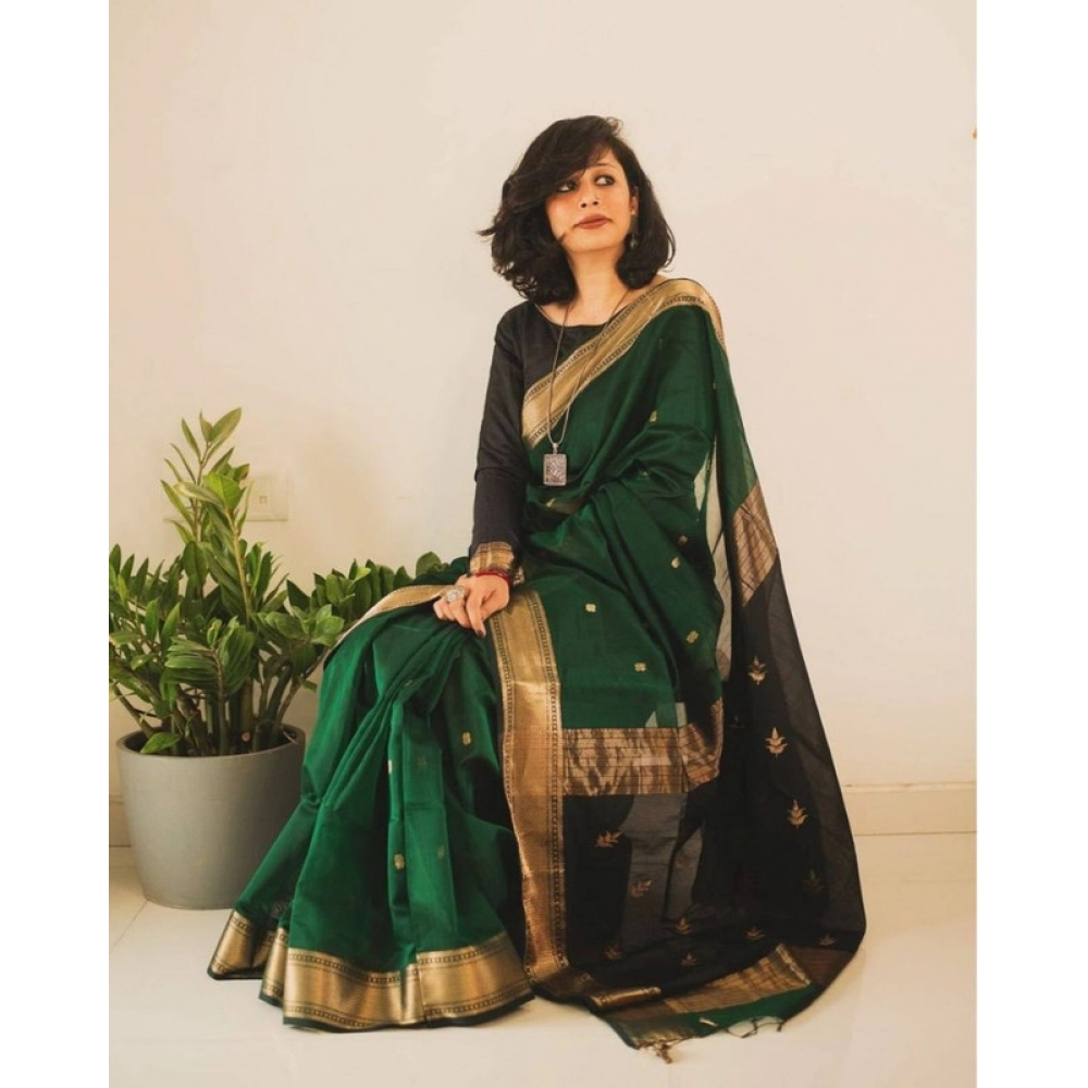 Generic Women's Soft Lichi Silk Printed Saree With Unstitched Blouse 5.5Mtr (Green) - Image 2