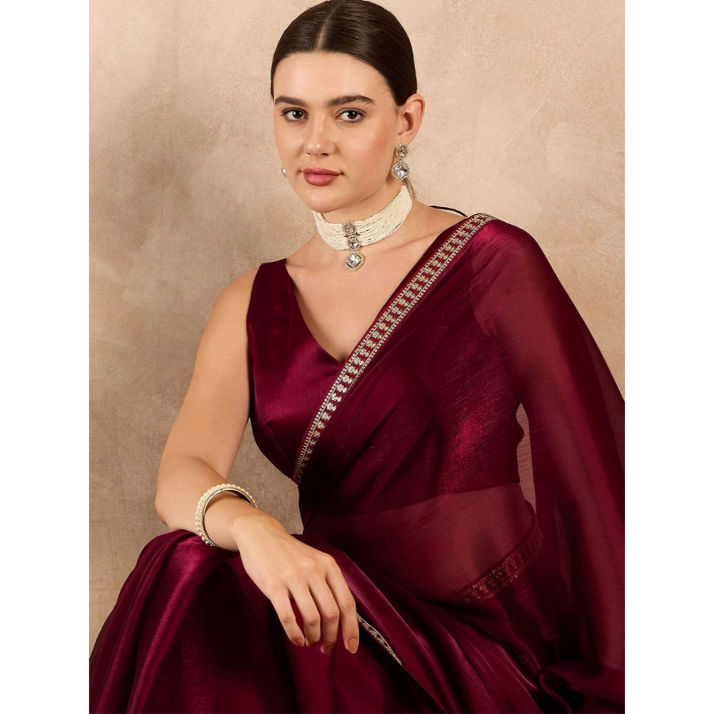 Generic Women's Jimmy Choo solid Saree With Unstitched Blouse 5.5Mtr (Wine ) - Image 2