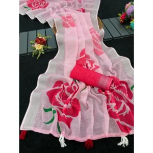 Generic Women's Linen Cotton Printed Saree With Unstitched Blouse 5.5Mtr (Pink)