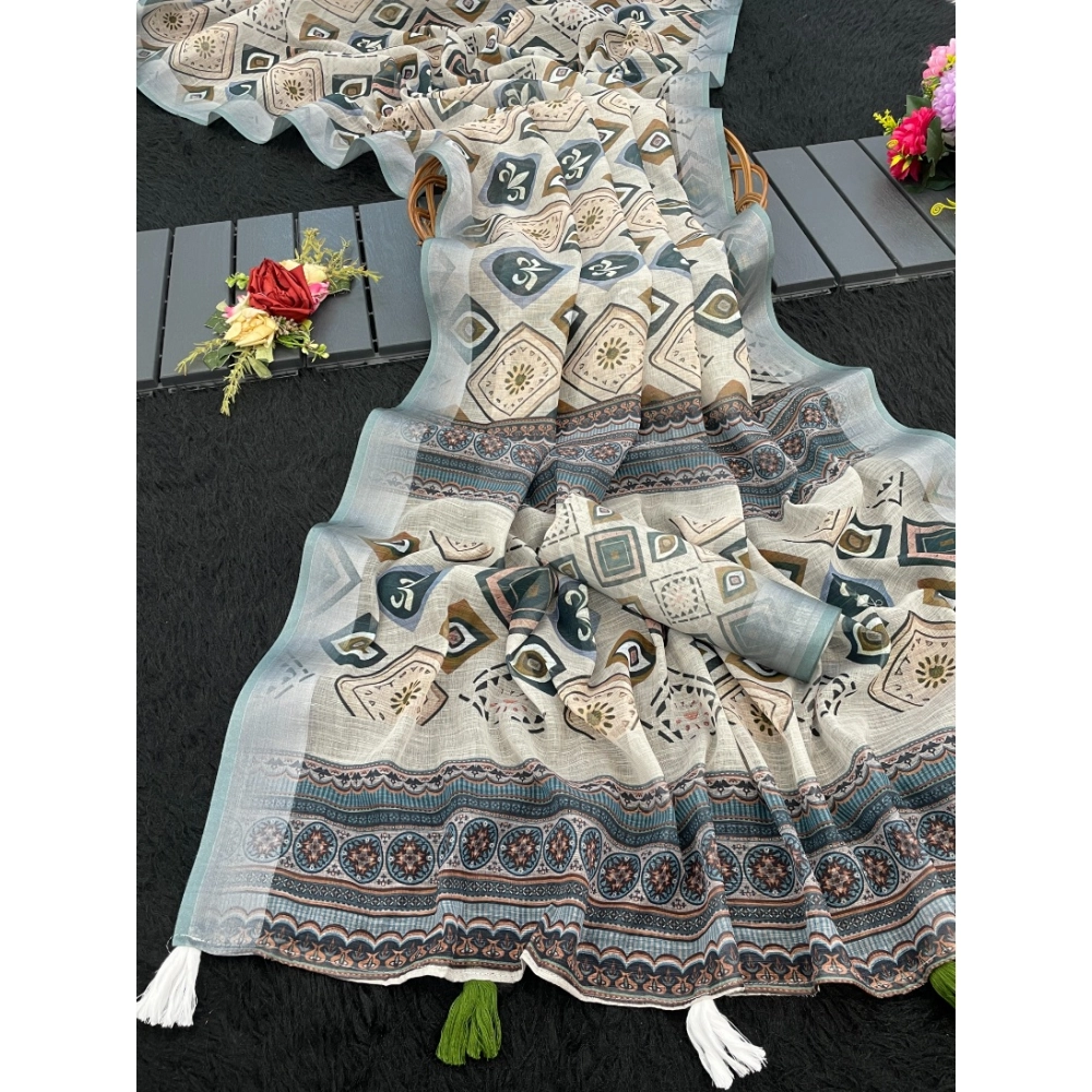 Generic Women's Linen Cotton Printed Saree With Unstitched Blouse 5.5Mtr (Grey)