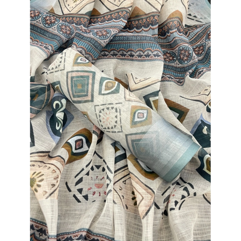 Generic Women's Linen Cotton Printed Saree With Unstitched Blouse 5.5Mtr (Grey) - Image 2