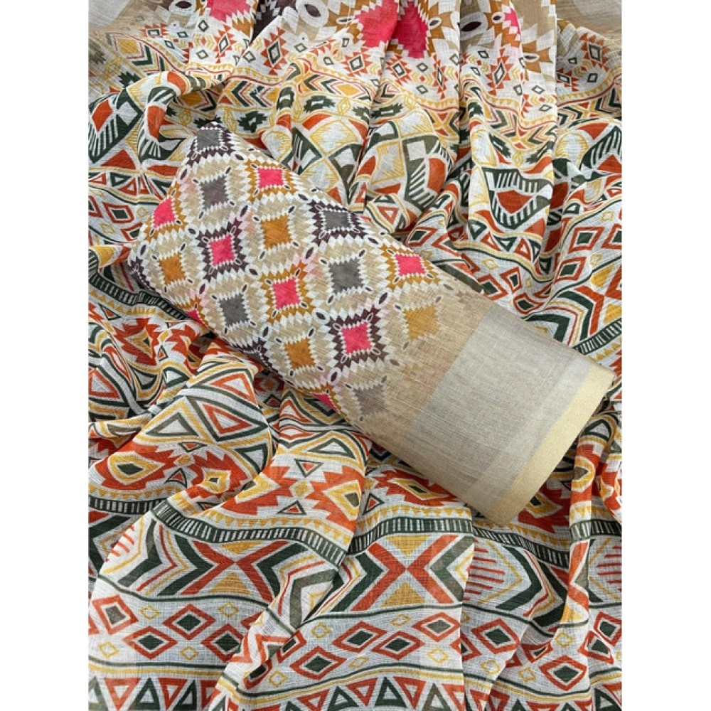 Generic Women's Linen Cotton Printed Saree With Unstitched Blouse 5.5Mtr (Cream) - Image 3