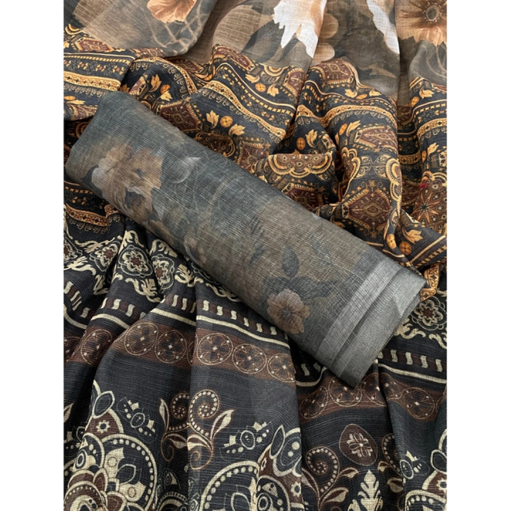 Generic Women's Linen Cotton Printed Saree With Unstitched Blouse 5.5Mtr (Beige) - Image 2