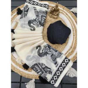 Generic Women's Linen Cotton Printed Saree With Unstitched Blouse 5.5Mtr (Cream & Black)