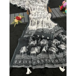 Generic Women's Linen Cotton Printed Saree With Unstitched Blouse 5.5Mtr (Black)