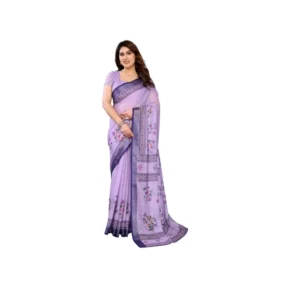 Generic Women's Linen Cotton Printed Saree With Unstitched Blouse 5.5Mtr (Purple)