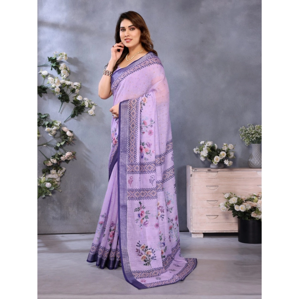 Generic Women's Linen Cotton Printed Saree With Unstitched Blouse 5.5Mtr (Purple) - Image 4