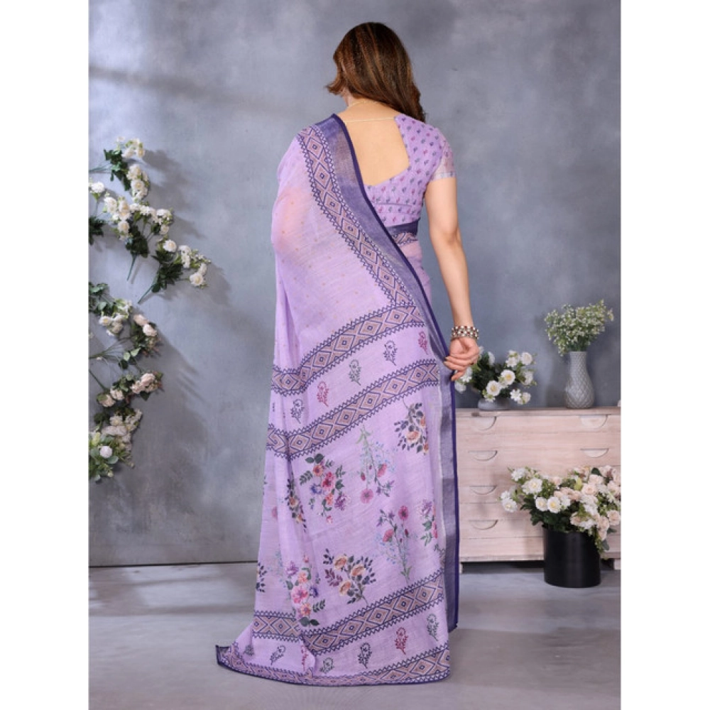 Generic Women's Linen Cotton Printed Saree With Unstitched Blouse 5.5Mtr (Purple) - Image 3