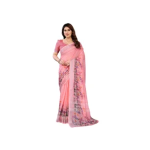 Generic Women's Linen Cotton Printed Saree With Unstitched Blouse 5.5Mtr (Peach)
