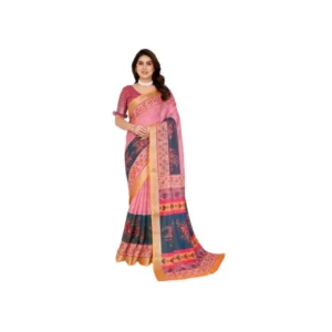 Generic Women's Linen Cotton Printed Saree With Unstitched Blouse 5.5Mtr (Pink)