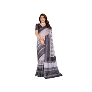 Generic Women's Linen Cotton Printed Saree With Unstitched Blouse 5.5Mtr (White & Black)
