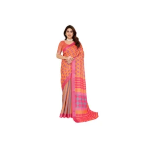 Generic Women's Linen Cotton Printed Saree With Unstitched Blouse 5.5Mtr (Orange )