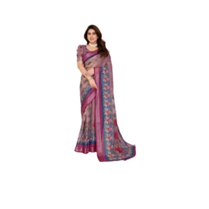 Generic Women's Linen Cotton Printed Saree With Unstitched Blouse 5.5Mtr (Wine )