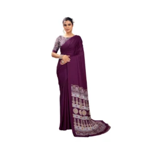Generic Women's Satin Crepe Printed Saree With Unstitched Blouse 5.5Mtr (Purple)