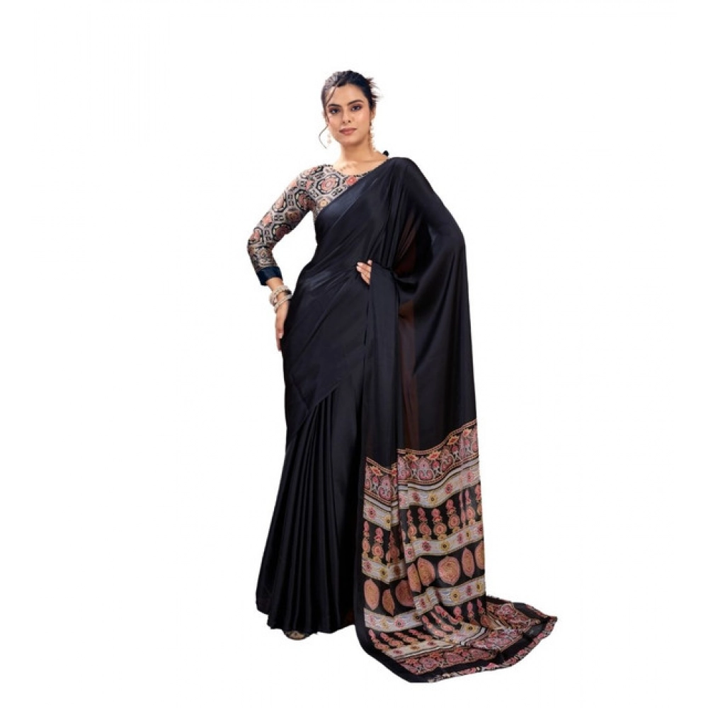Generic Women's Satin Crepe Printed Saree With Unstitched Blouse 5.5Mtr (Black)