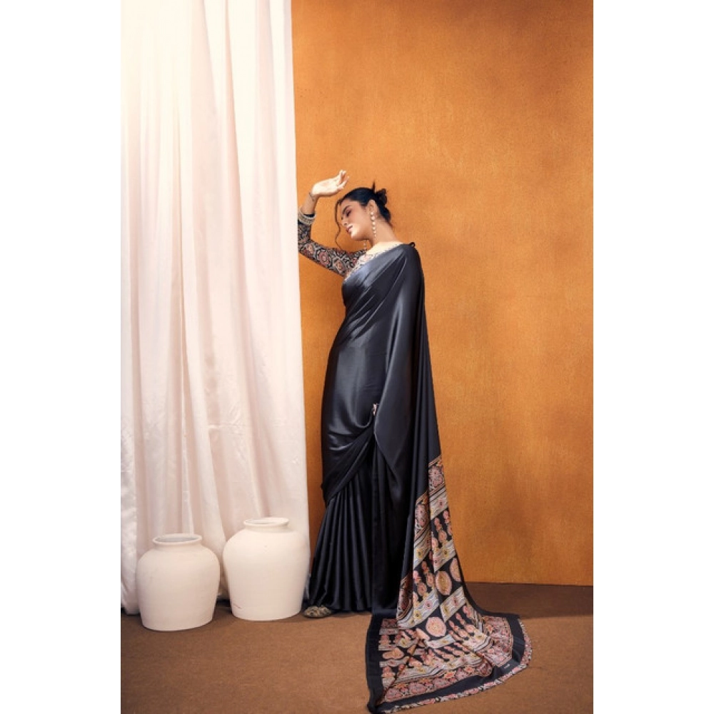 Generic Women's Satin Crepe Printed Saree With Unstitched Blouse 5.5Mtr (Black) - Image 4