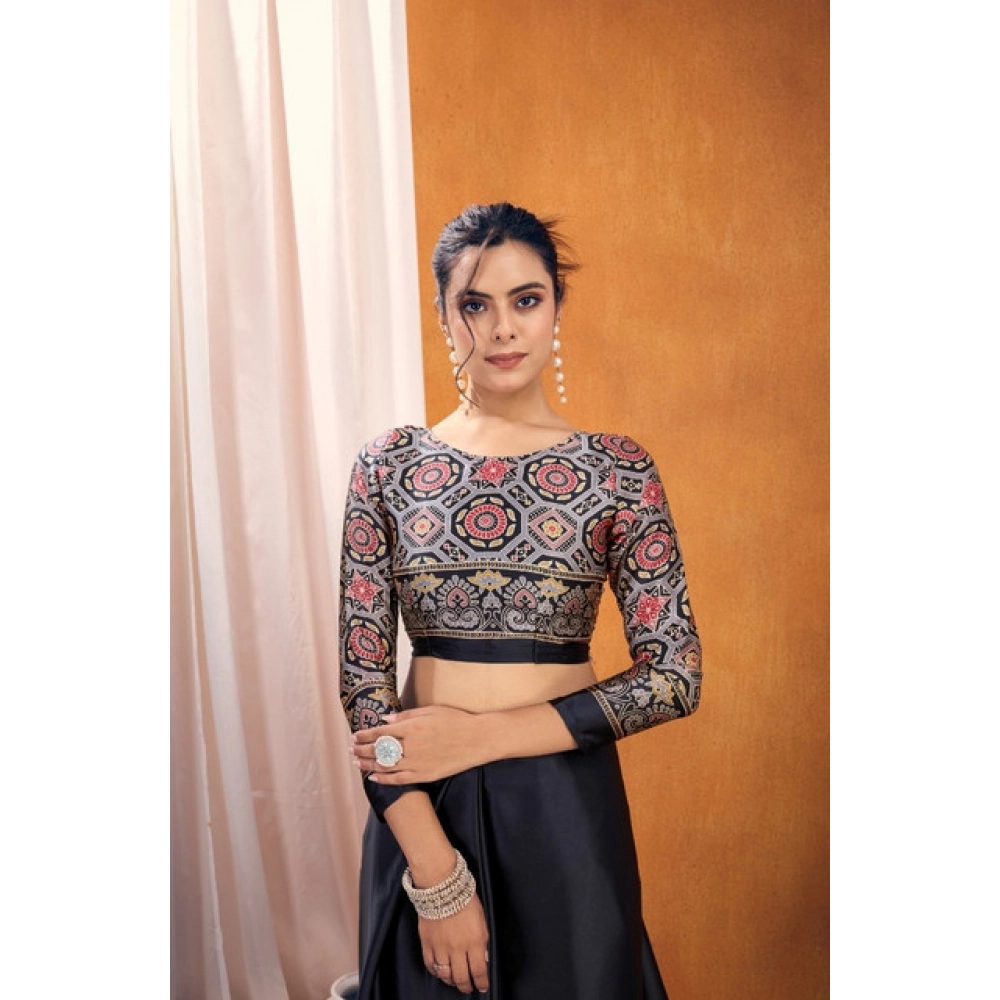 Generic Women's Satin Crepe Printed Saree With Unstitched Blouse 5.5Mtr (Black) - Image 2