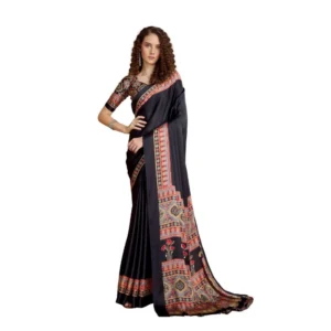 Generic Women's Satin Crepe Printed Saree With Unstitched Blouse 5.5Mtr (Black)