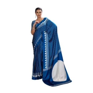 Generic Women's Satin Crepe Printed Saree With Unstitched Blouse 5.5Mtr (Blue)