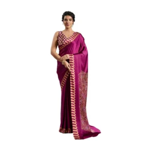 Generic Women's Satin Crepe Printed Saree With Unstitched Blouse 5.5Mtr (Purple)