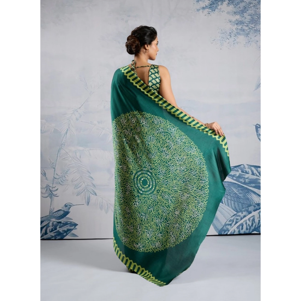 Generic Women's Satin Crepe Printed Saree With Unstitched Blouse 5.5Mtr (Green) - Image 4