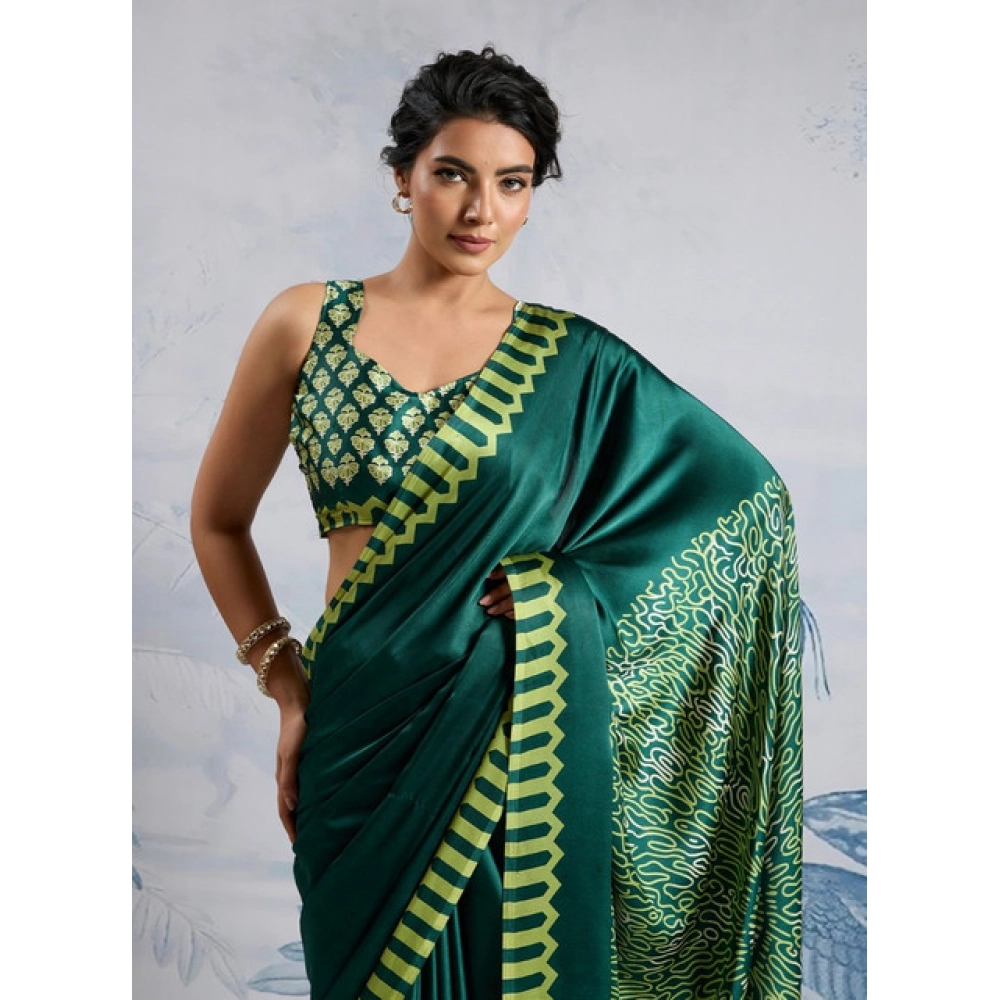 Generic Women's Satin Crepe Printed Saree With Unstitched Blouse 5.5Mtr (Green) - Image 3
