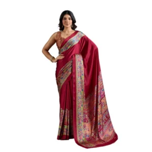 Generic Women's Satin Crepe Printed Saree With Unstitched Blouse 5.5Mtr (Maroon)