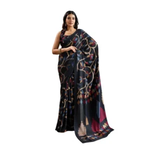 Generic Women's Satin Crepe Printed Saree With Unstitched Blouse 5.5Mtr (Black)