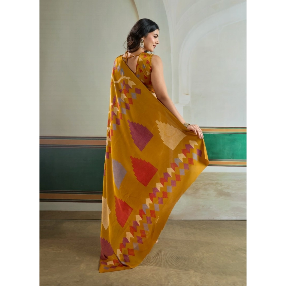 Generic Women's Satin Crepe Printed Saree With Unstitched Blouse 5.5Mtr (Mustard) - Image 4
